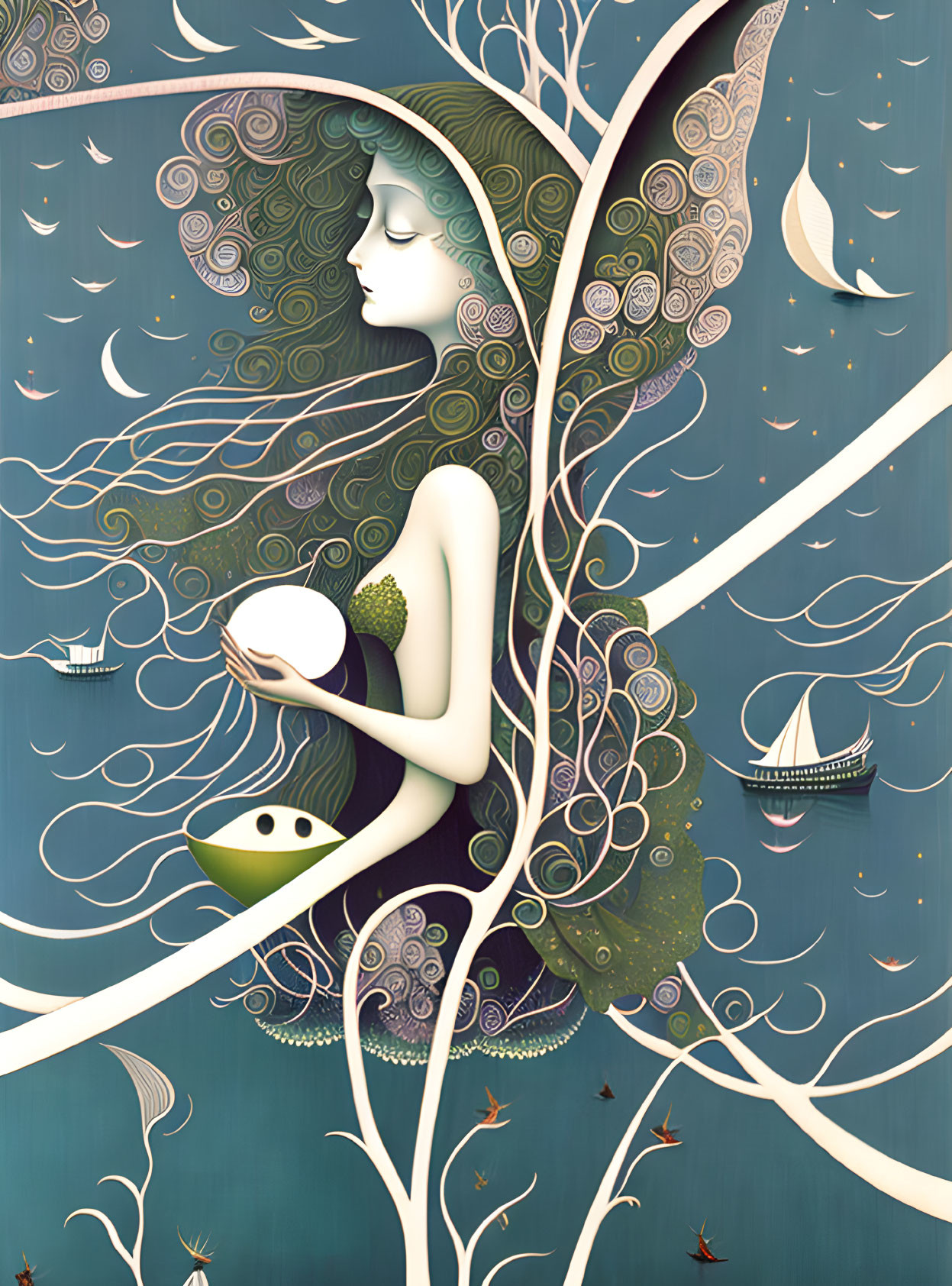 Illustration of woman with leaf hair holding glowing orb among stylized nature and boats