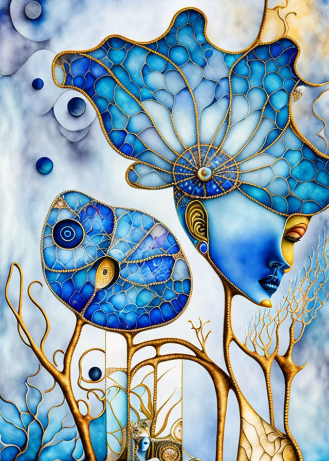 Vibrant surreal artwork: blue face profile with butterfly wings, abstract tree-like structures, floating orbs