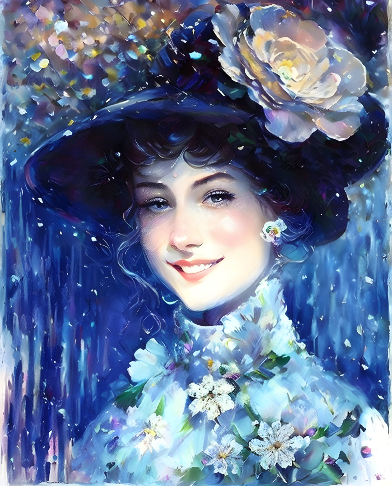 Smiling woman in blue floral attire, vibrant impressionist style