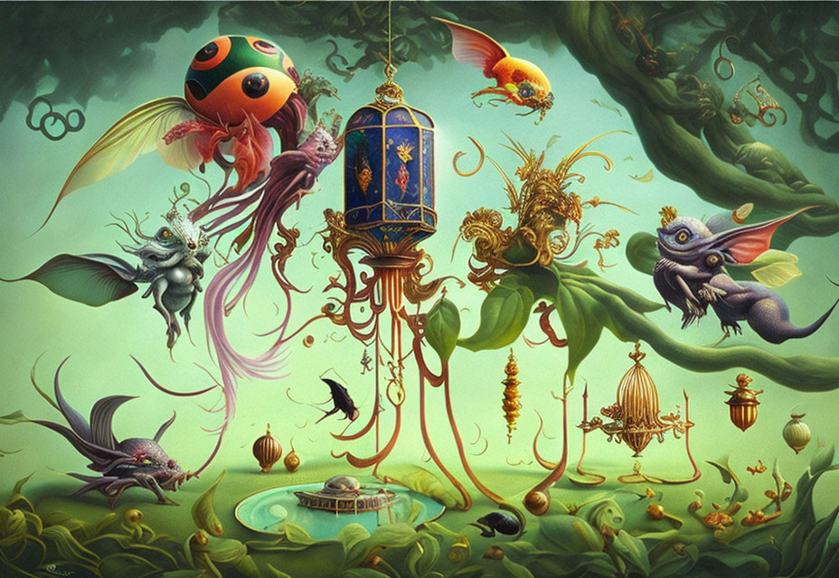 Vibrant fantasy scene with colorful creatures and ornate cages