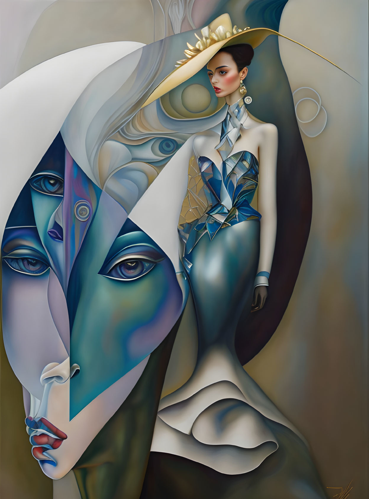 Surreal painting: Elegant woman entwined with abstract faces in cool hues and golden accents