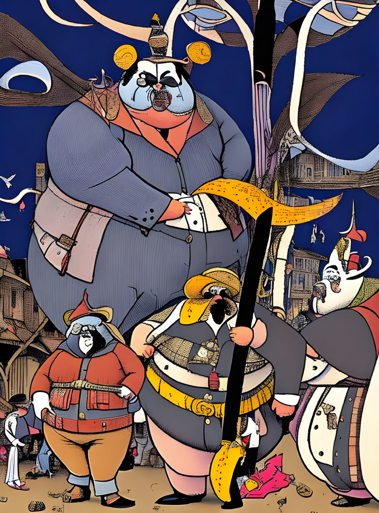 Anthropomorphic pandas in costumes against whimsical cityscape