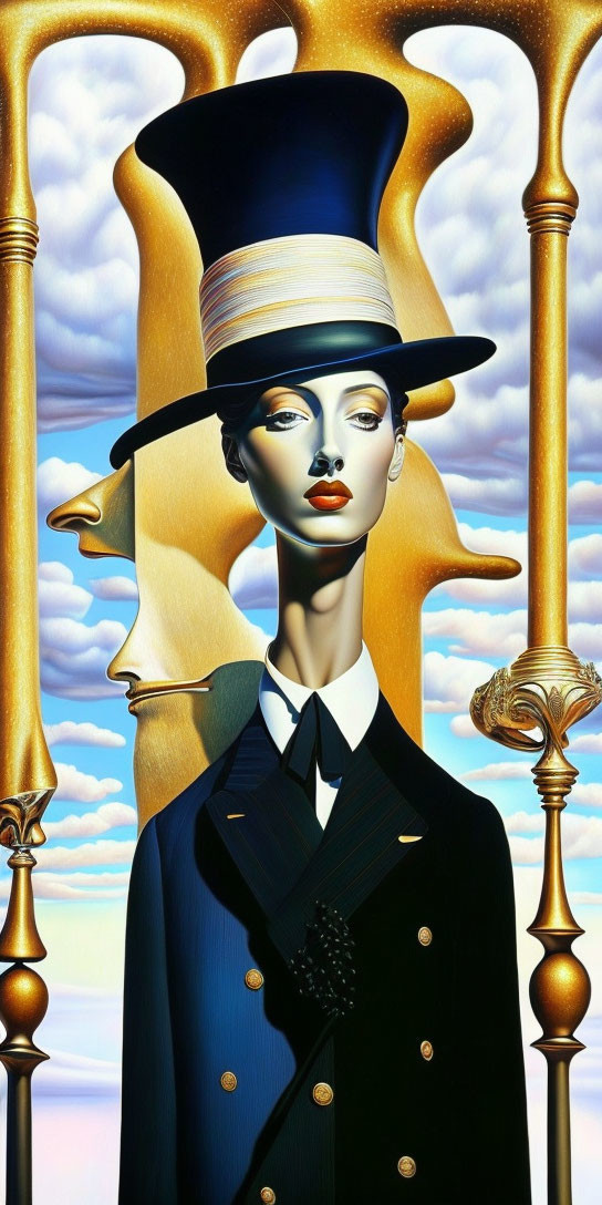 Surreal portrait of woman in top hat and suit with melting elements