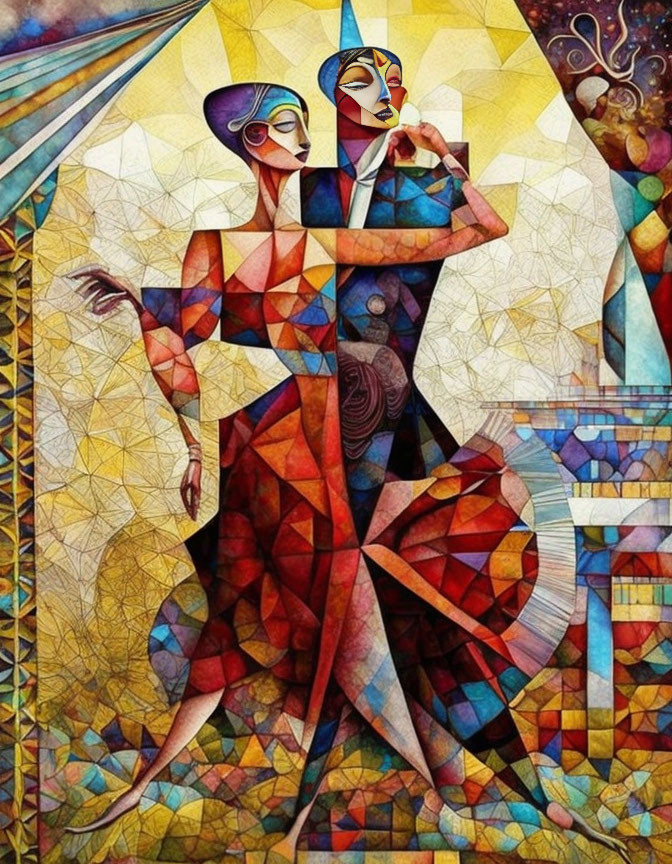 Vibrant Cubist-style Couple Dancing Painting