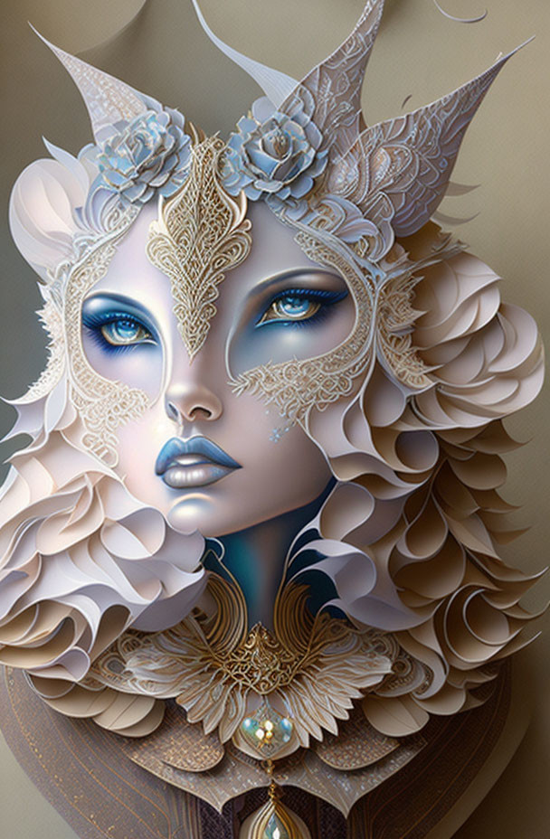 Fantasy makeup woman with gold jewelry and floral decor