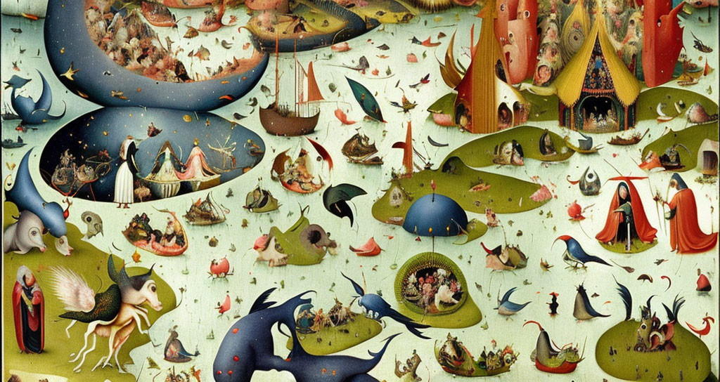 Detailed fantastical painting with hybrid creatures and surreal scenes