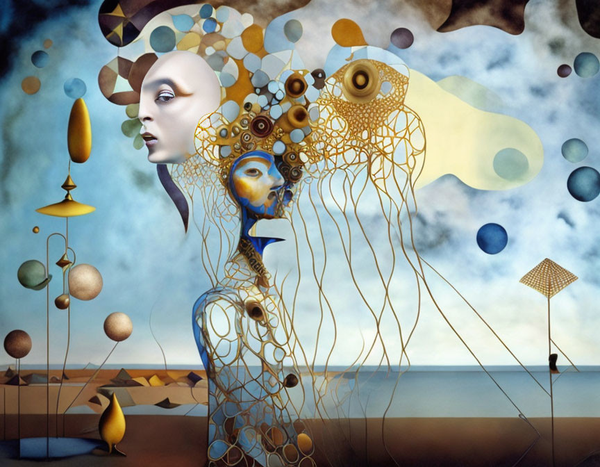 Surrealist Artwork: Dual Face Profiles with Abstract Shapes and Floating Orbs