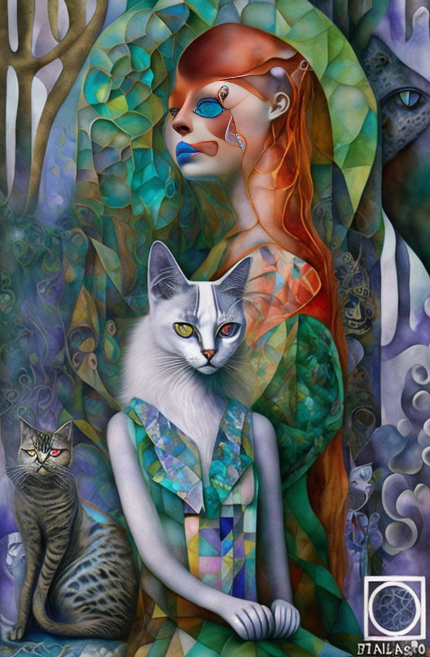 Colorful surrealist painting: Woman with red hair, teardrop, white cat with geometric body