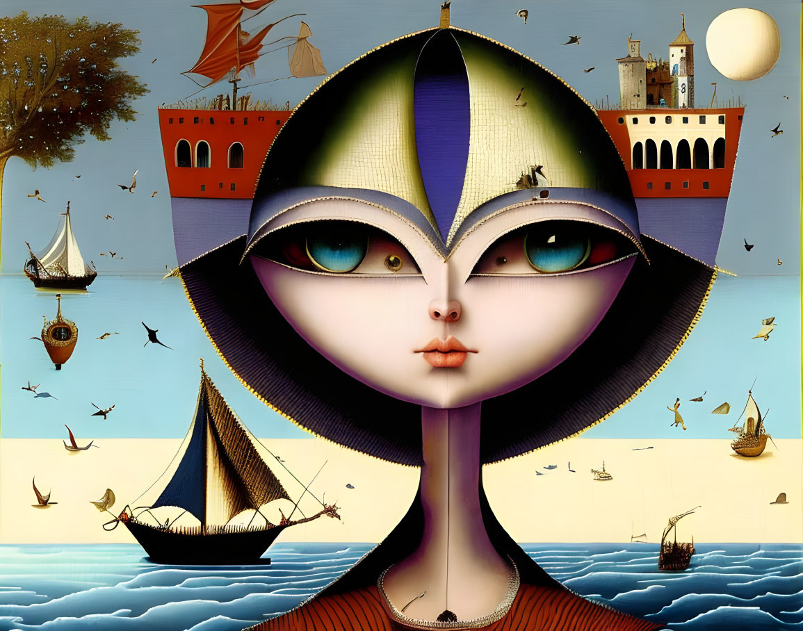 Surreal artwork: Large female face with ocean hair, floating castles, birds, and pale