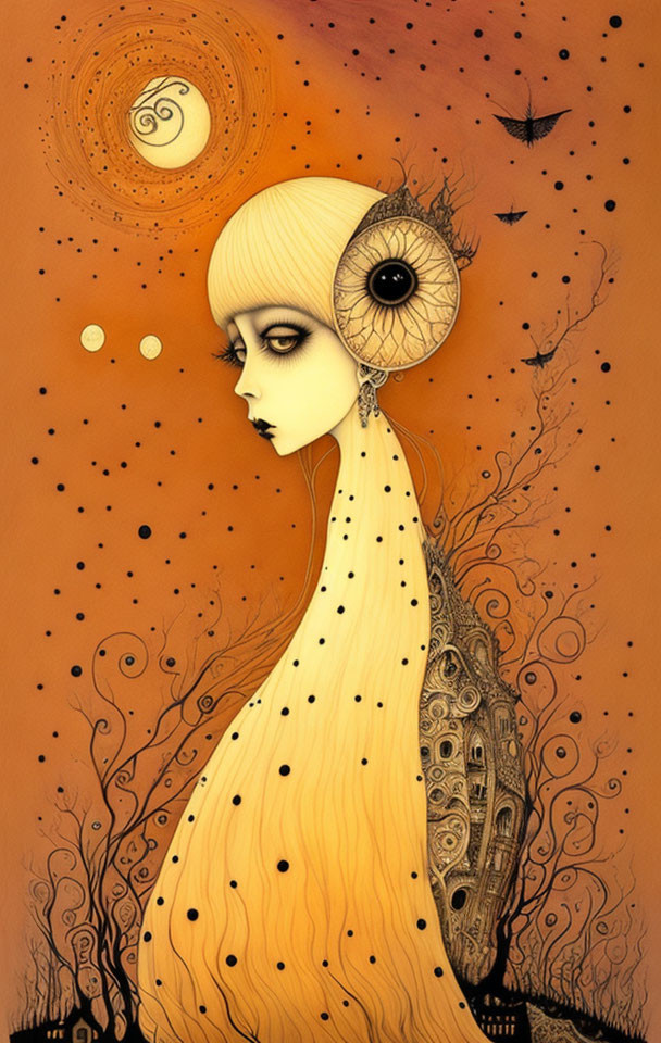 Stylized female figure with peacock-like body and celestial objects on orange background