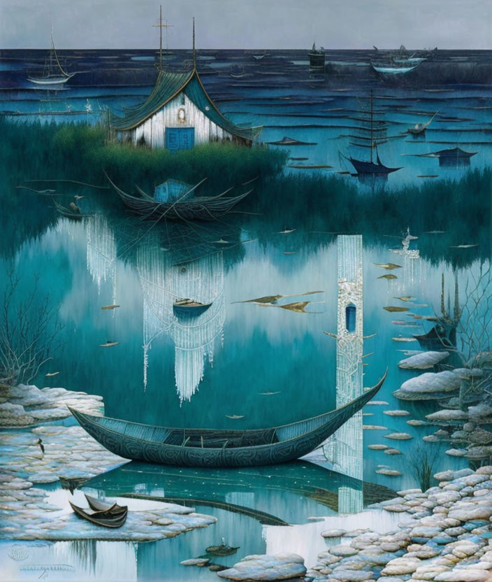 Blue landscape painting with boats, house, reflections, and surreal sea-sky blend