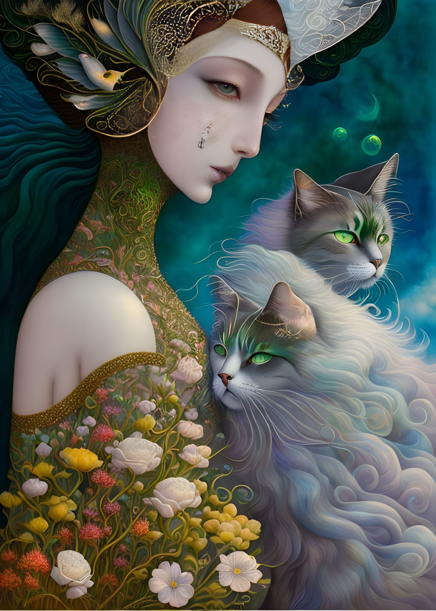 Ethereal woman with elfin ears, cats, floral backdrop