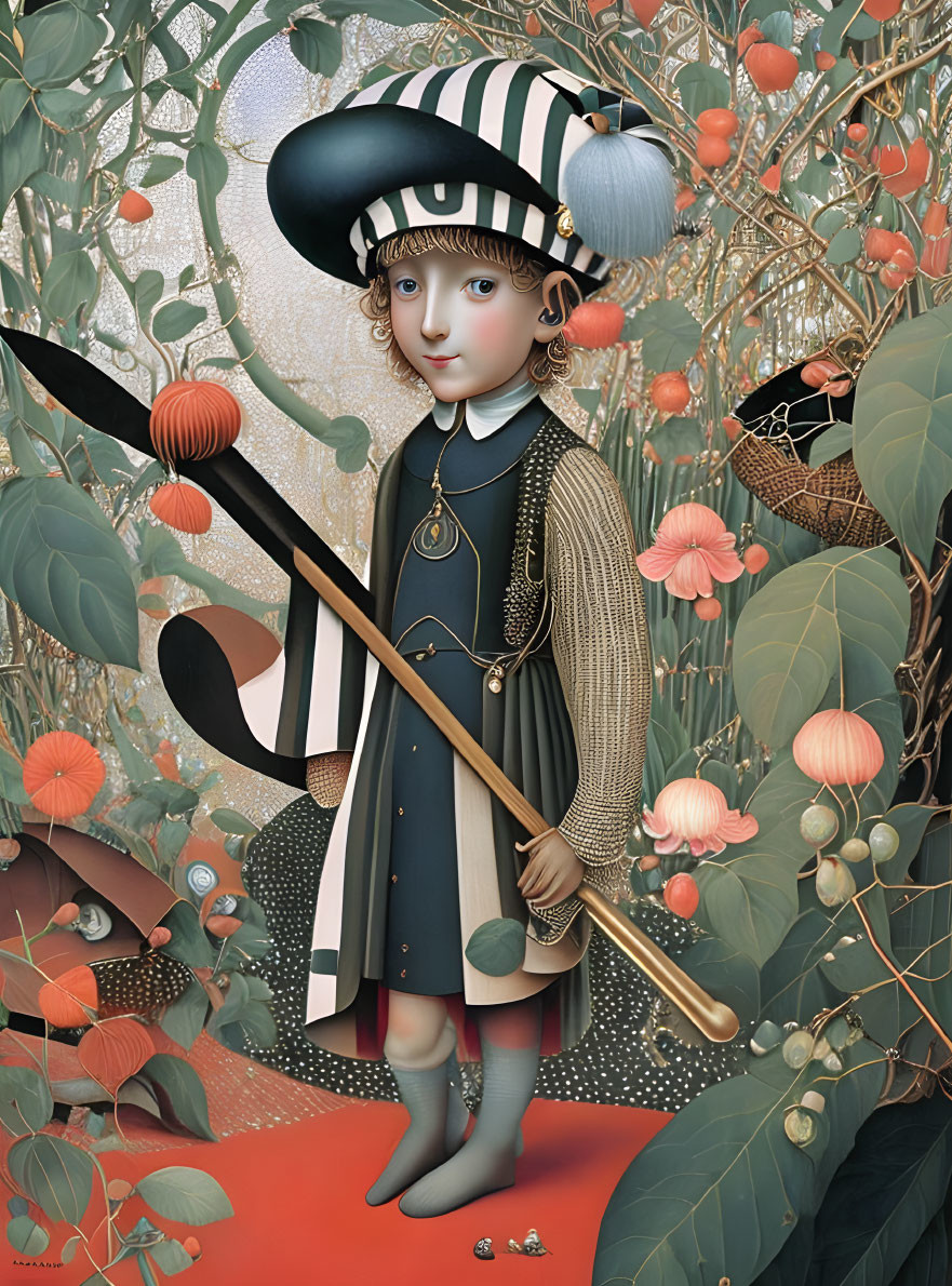 Whimsical child-like figure with croquet mallet in surreal setting