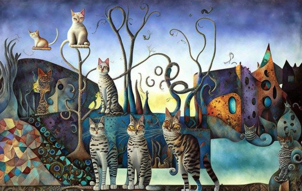 Whimsical painting of patterned cats in surreal moonlit landscape