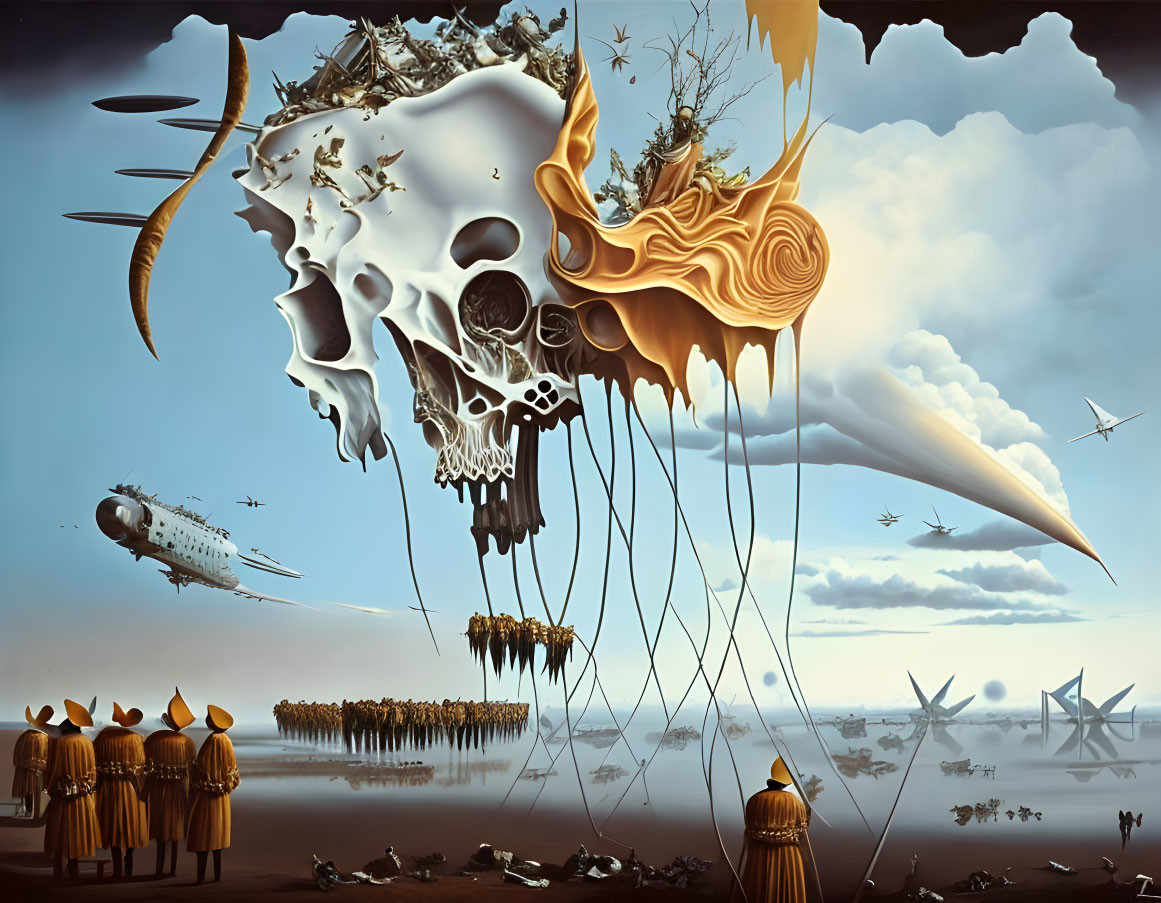 Surreal painting: Skull-like structure above robed figures and flying ships