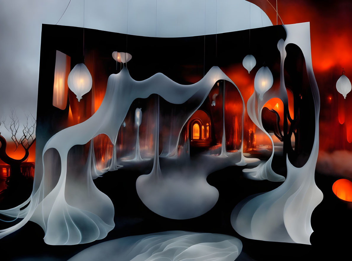 Surreal interior design: flowing white structure, archways, orbs, crimson skies, barren trees