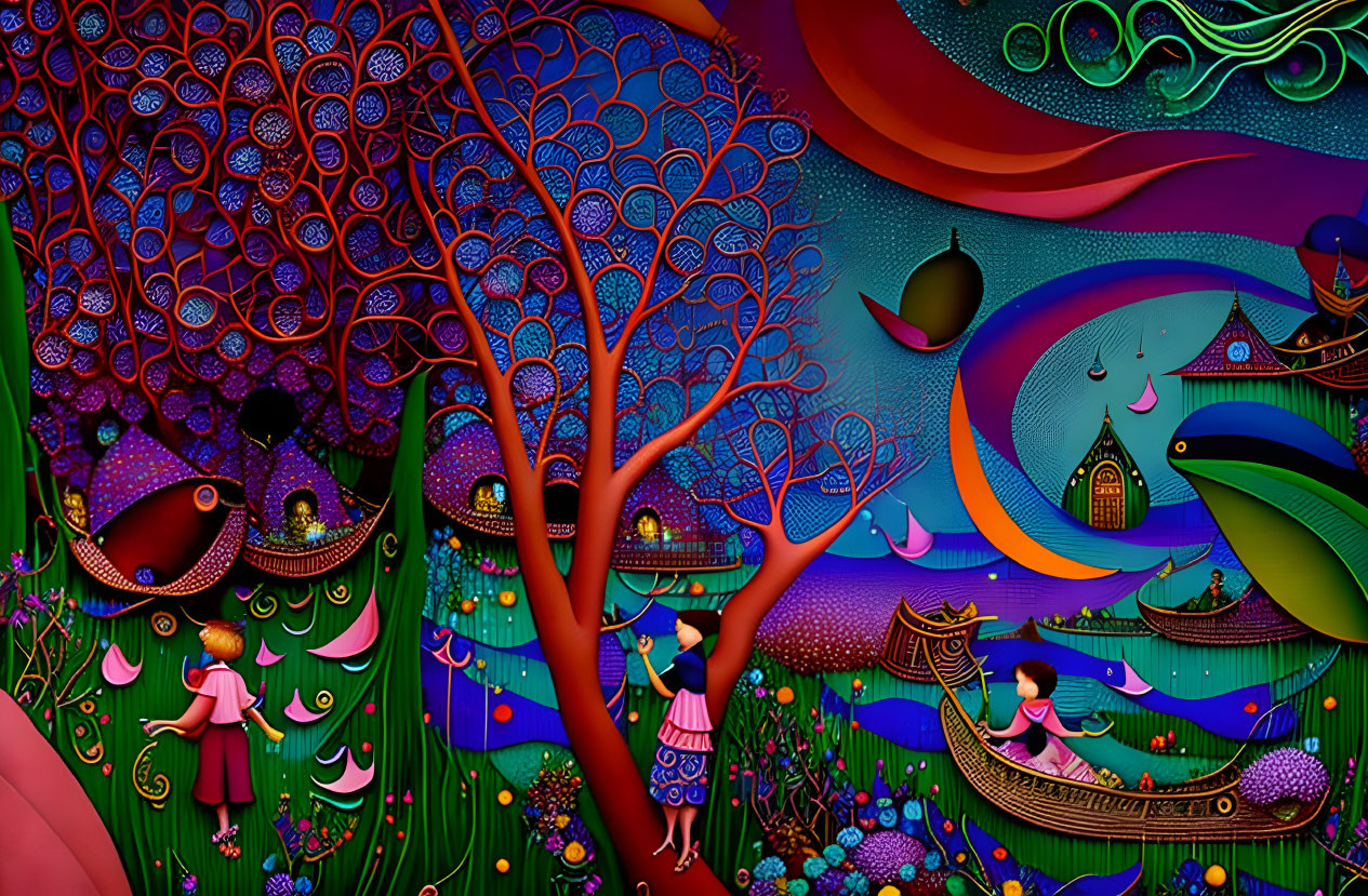 Whimsical illustration with stylized trees, boat, children, and fantastical architecture.