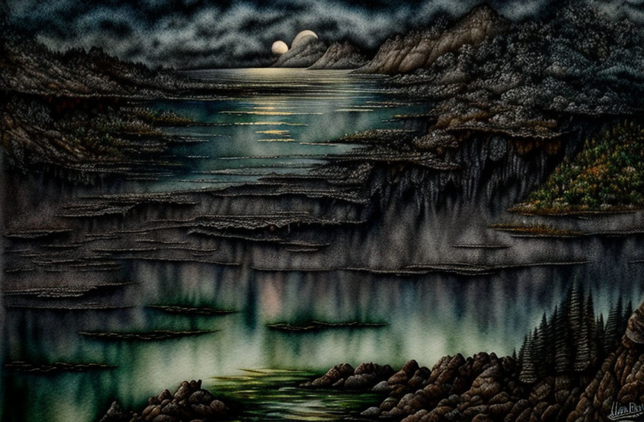 Moonlit Lake Landscape Painting with Reflections, Cliffs, Trees, and Clouds