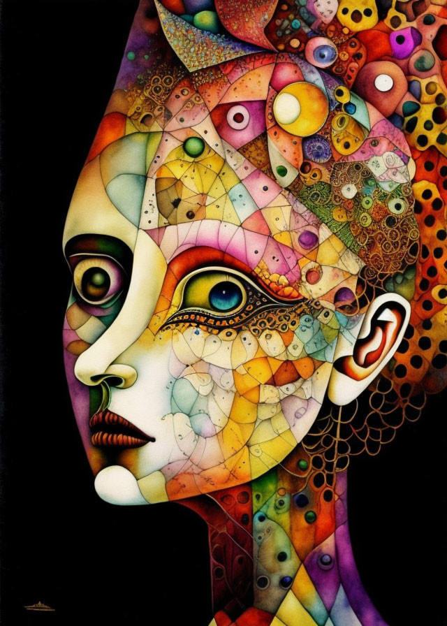 Colorful Abstract Portrait with Mosaic Patterns and Intense Gaze