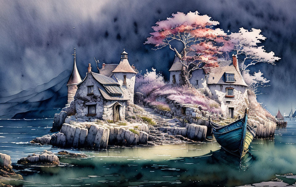 Serene Watercolor: Coastal Village with Traditional Houses & Misty Mountains