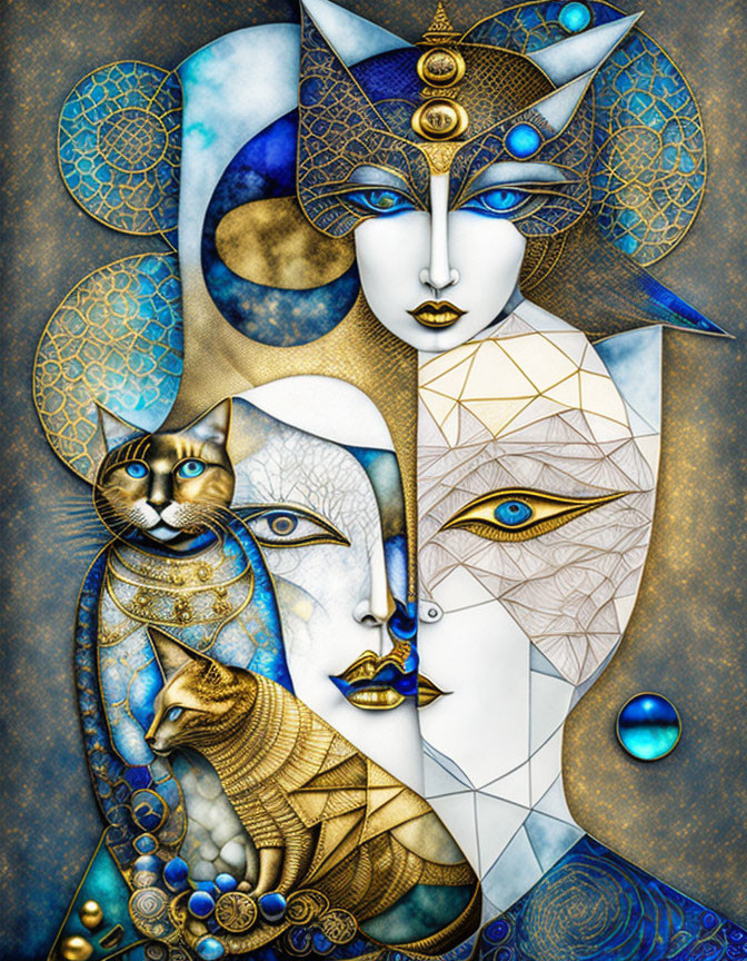 Stylized female figure with celestial theme and gold-blue color scheme