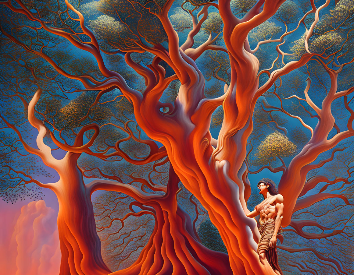 Surreal painting: person merging with vibrant orange tree in blue sky