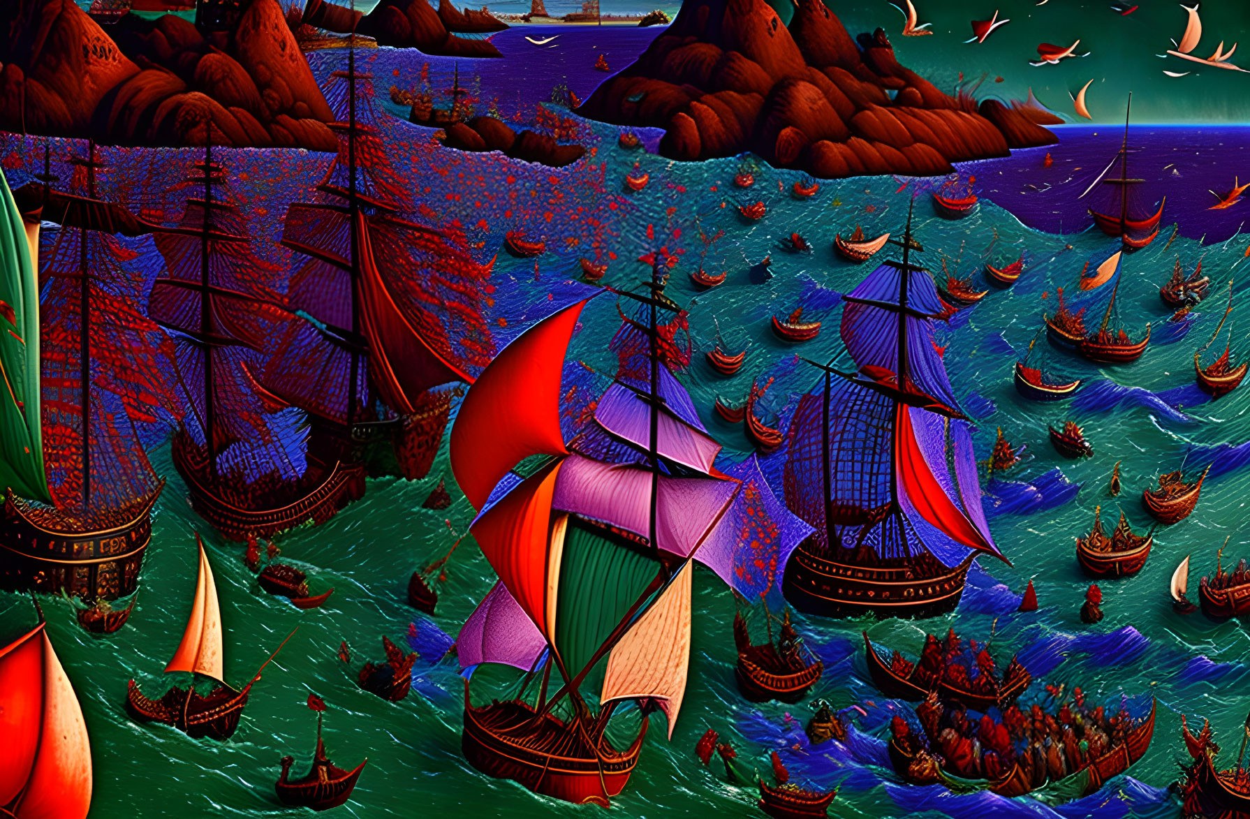 Colorful Surreal Seascape with Stylized Ships and Red-Rock Islands