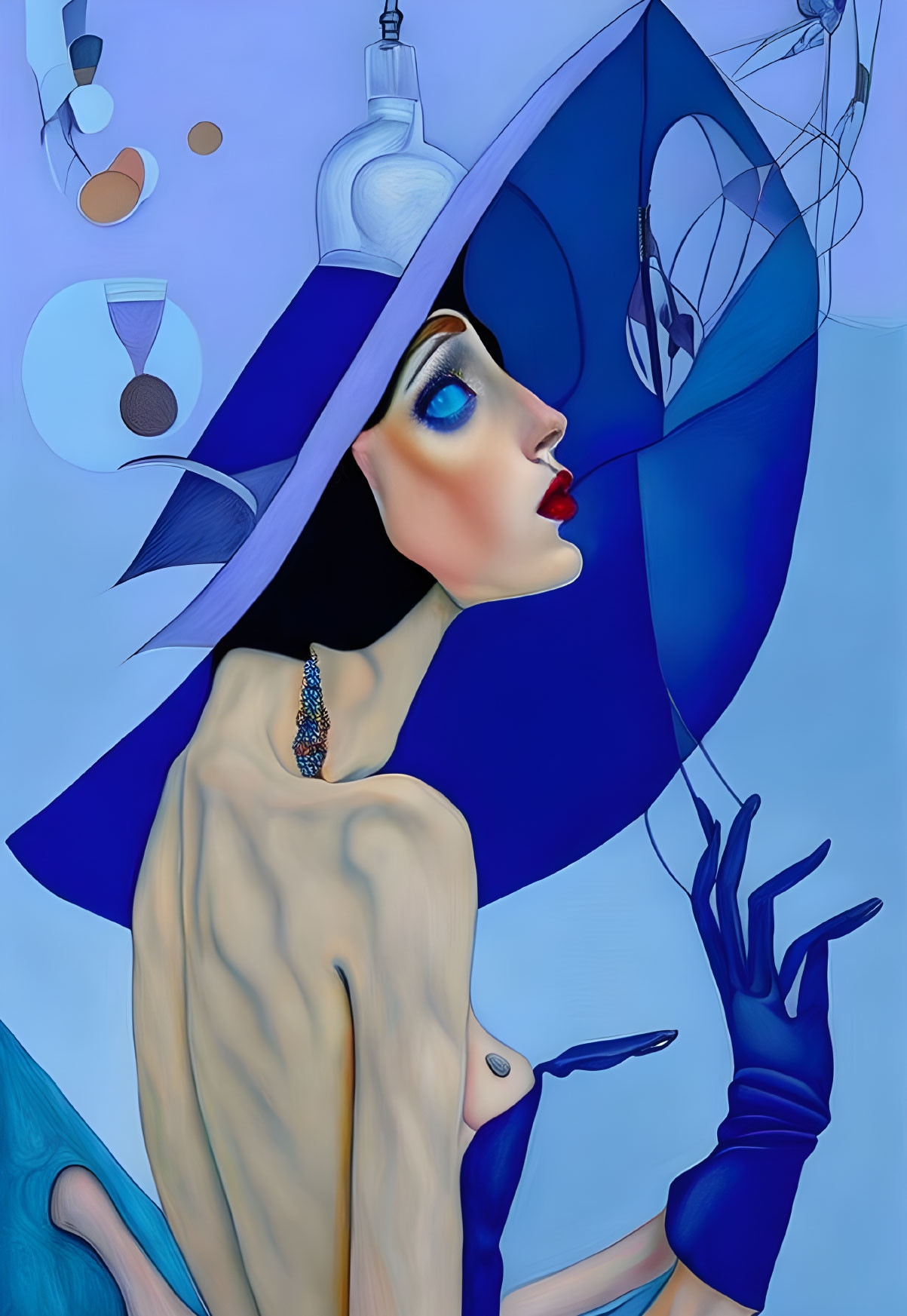 Surreal illustration of woman with exaggerated features and blue hat in cool color palette