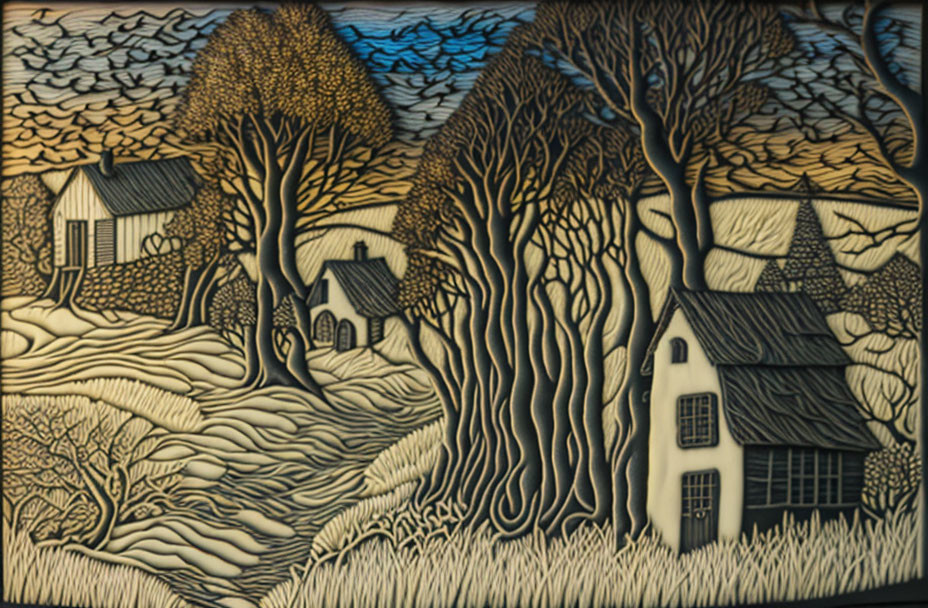 Detailed Textured Rural Landscape Artwork with Stylized Trees, Houses, and Fields