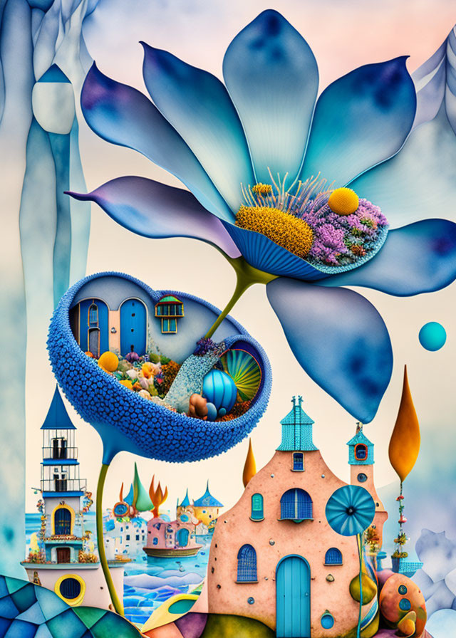 Colorful artwork: Large blue flower with village inside, abstract structures, floating spheres