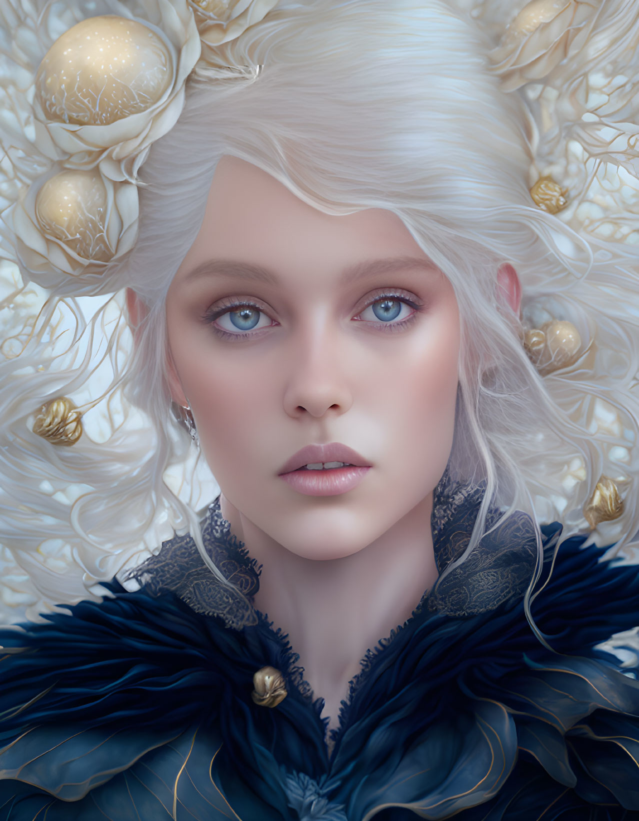 Portrait of Woman with Pale Skin, Blue Eyes, and Platinum Blonde Hair with Golden Ornaments