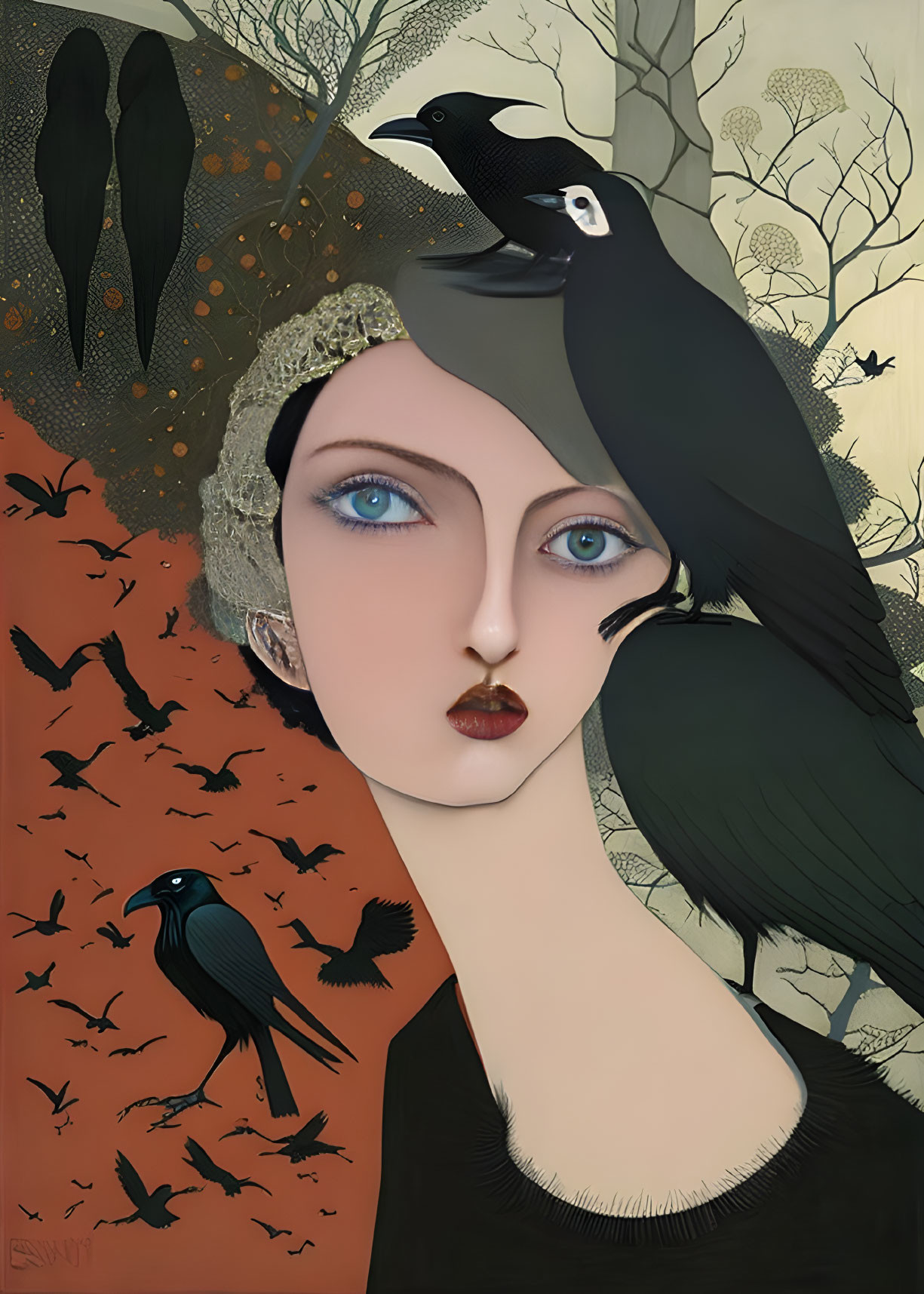 Stylized portrait of woman with pale skin, blue eyes, black hair, ravens, autumn