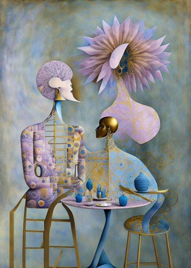 Surreal painting of two figures at a table with geometric and floral patterns