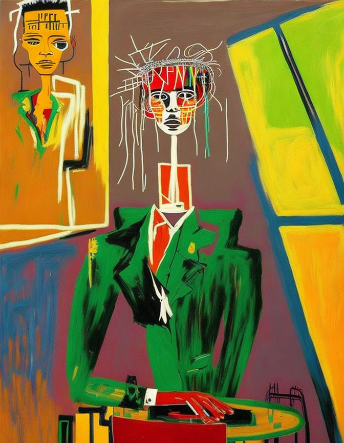 Colorful abstract painting with green-suited figure and red square head holding white mask.