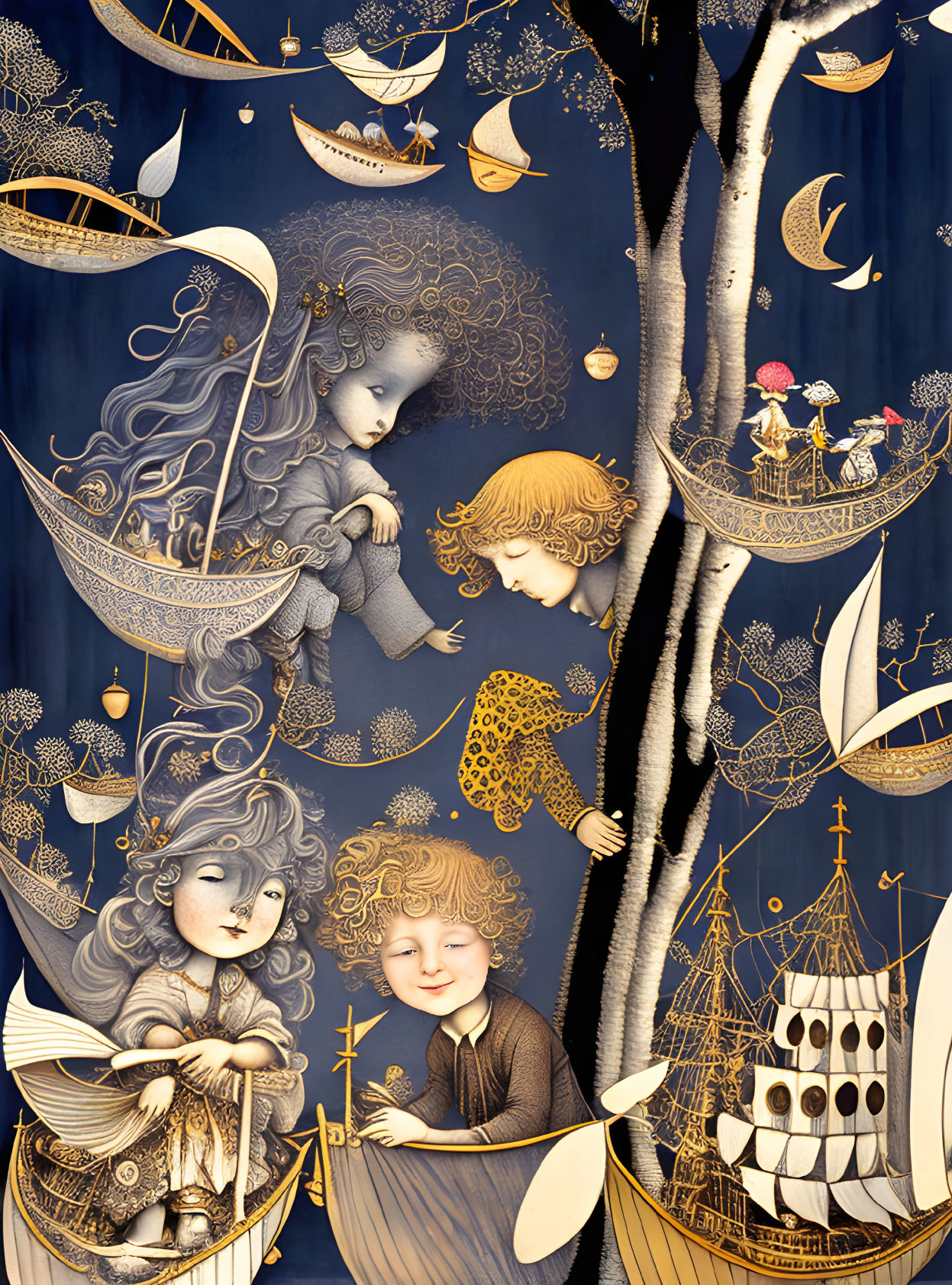 Whimsical characters in fantasy scene with trees, moons, and ornate ships on navy blue background