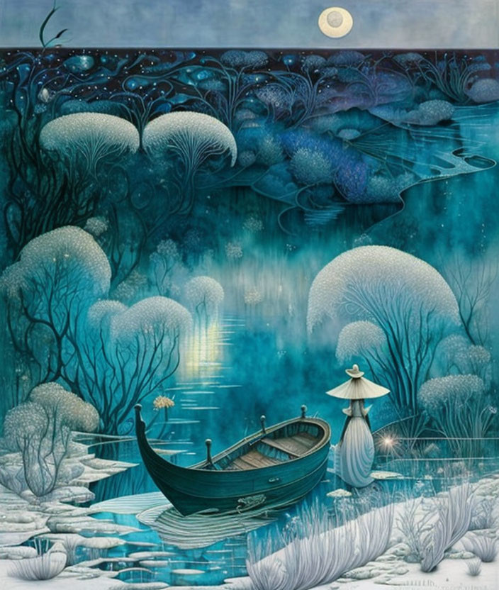 Tranquil nighttime river scene with figure in boat among lush vegetation