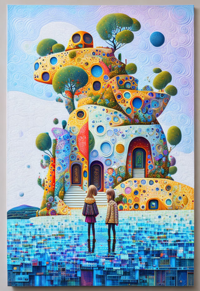 Vibrant animated characters in front of whimsical house and colorful orbs on textured blue backdrop