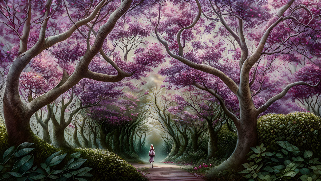 Person walking on path through mystical forest with vibrant purple-pink flowering trees in soft mist