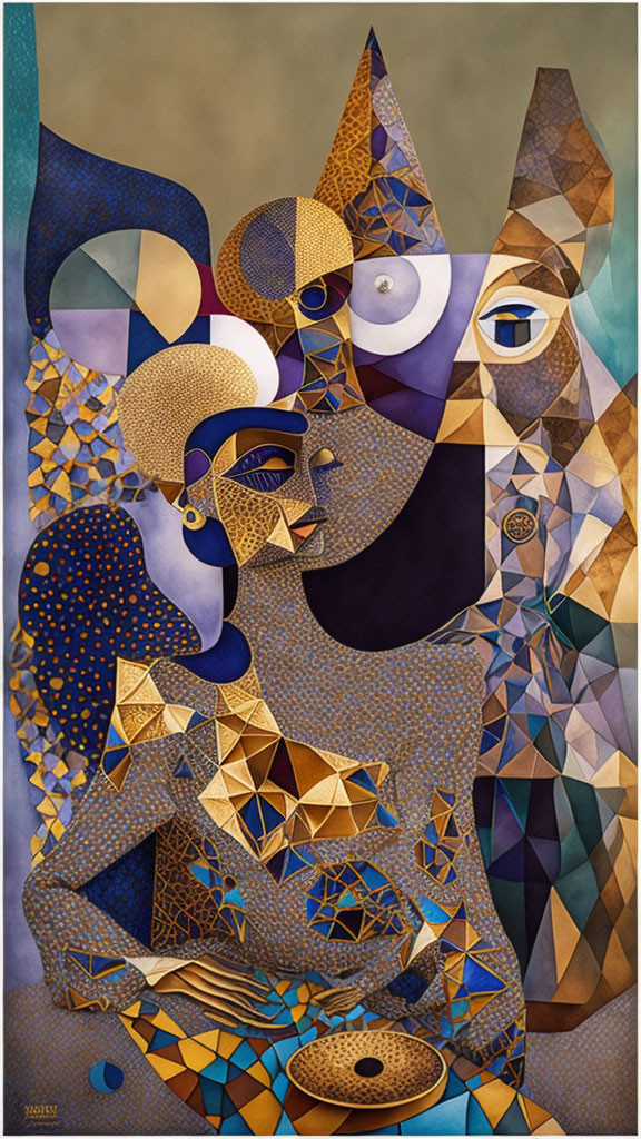 Cubist painting of two human figures in blue, gold, and brown