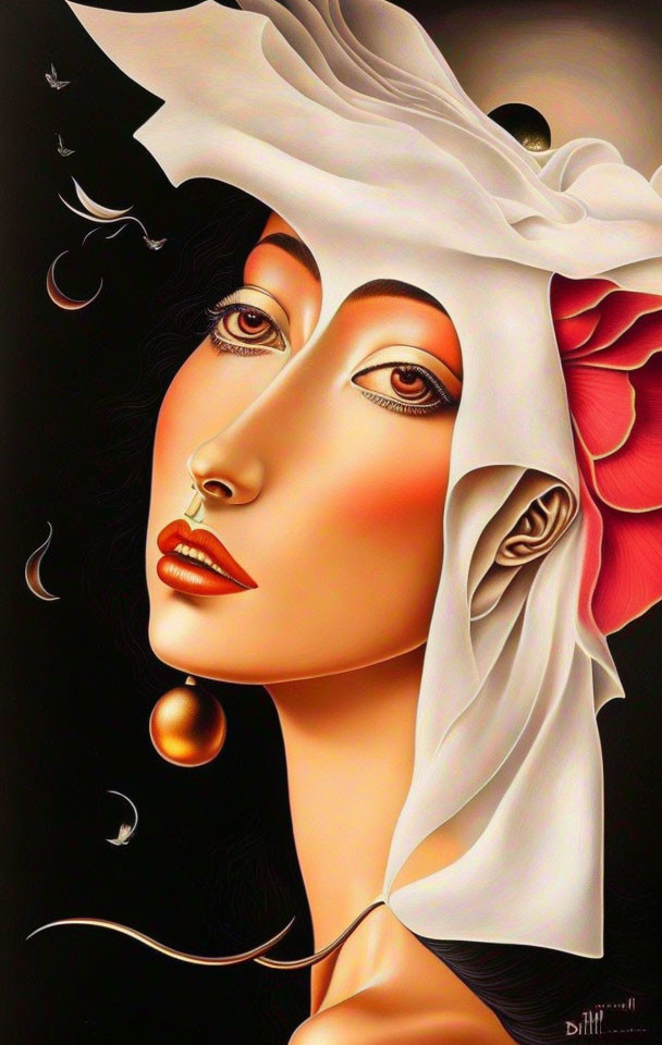 Stylized woman with white hat, red flower, bold lips, and earring