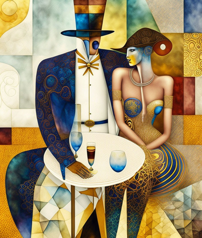 Stylized artwork: Figure in top hat & woman with golden necklace at table on geometric background.