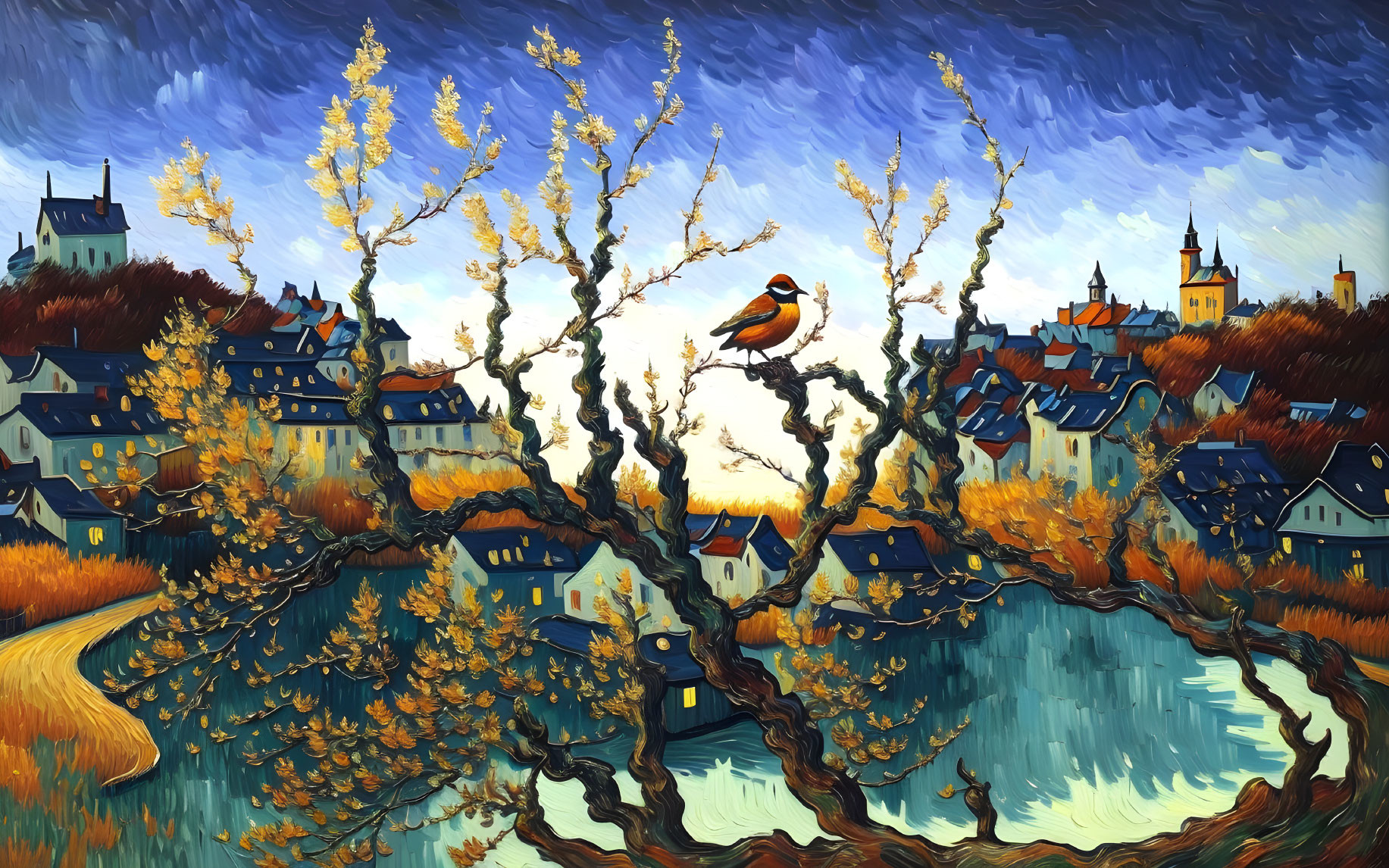 Colorful Village Painting with Golden Trees, River, and Bird