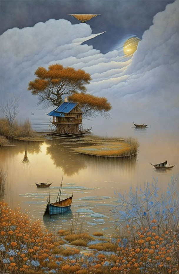 Tranquil treehouse painting at dusk with lake, boats, moody sky, and glowing planet