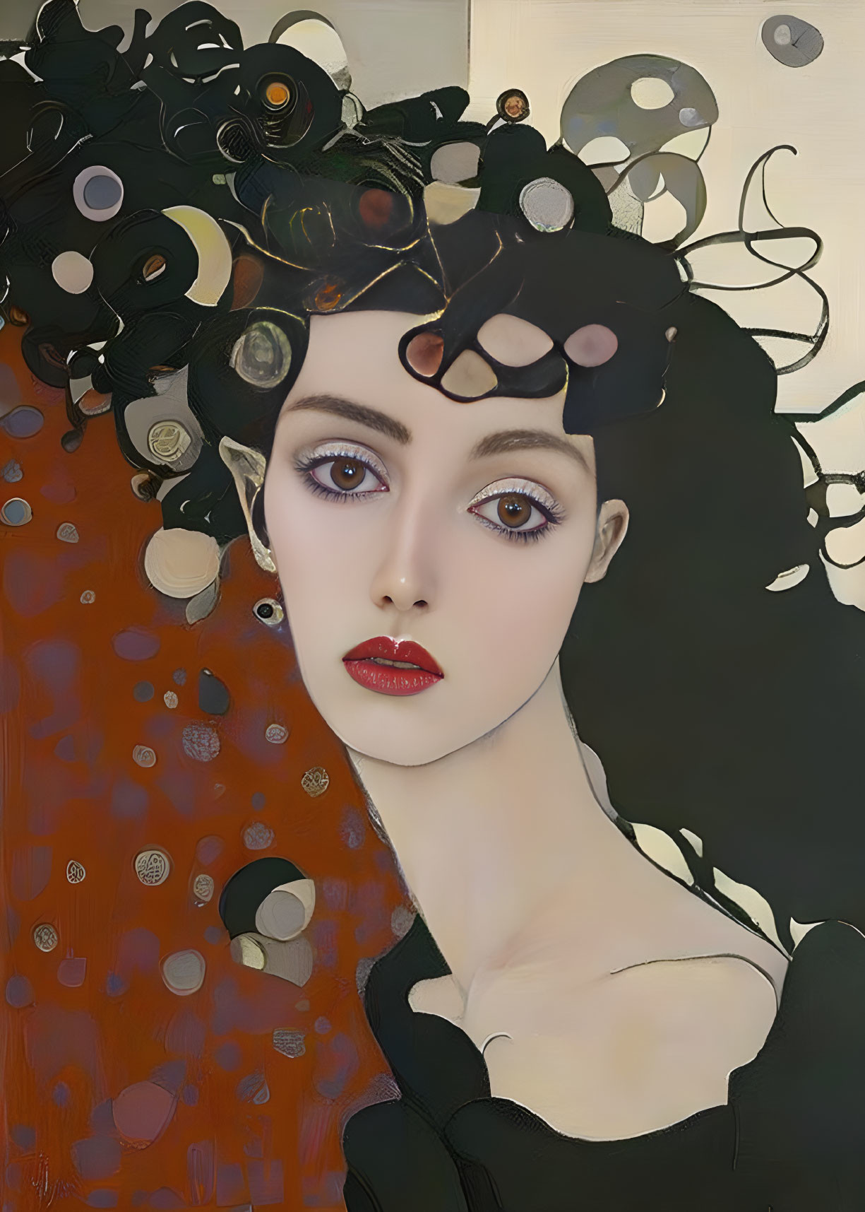 Portrait of a woman with pale skin, large eyes, red lips, and dark hair against abstract backdrop