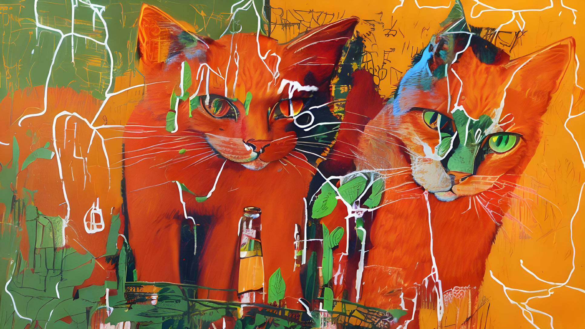 Abstract orange cats on green and white graffiti background