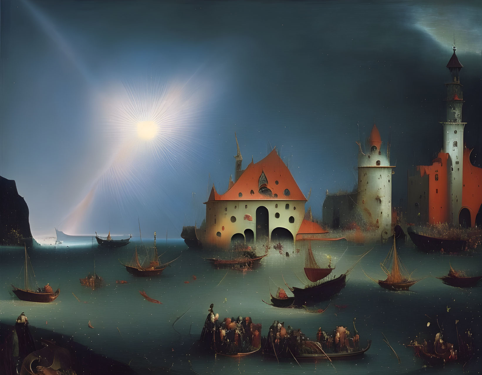 Renaissance Painting: Boats Approaching Illuminated Shorefront