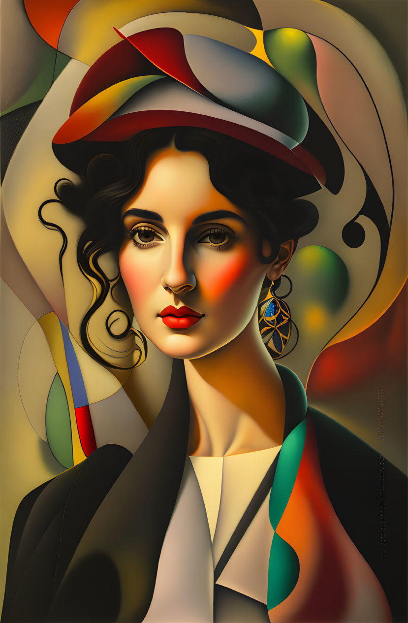 Vibrant, stylized portrait of a woman with curvilinear shapes and bold contrasts