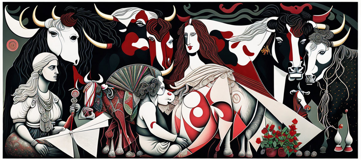 Mythological women and bulls in red, white, and black art