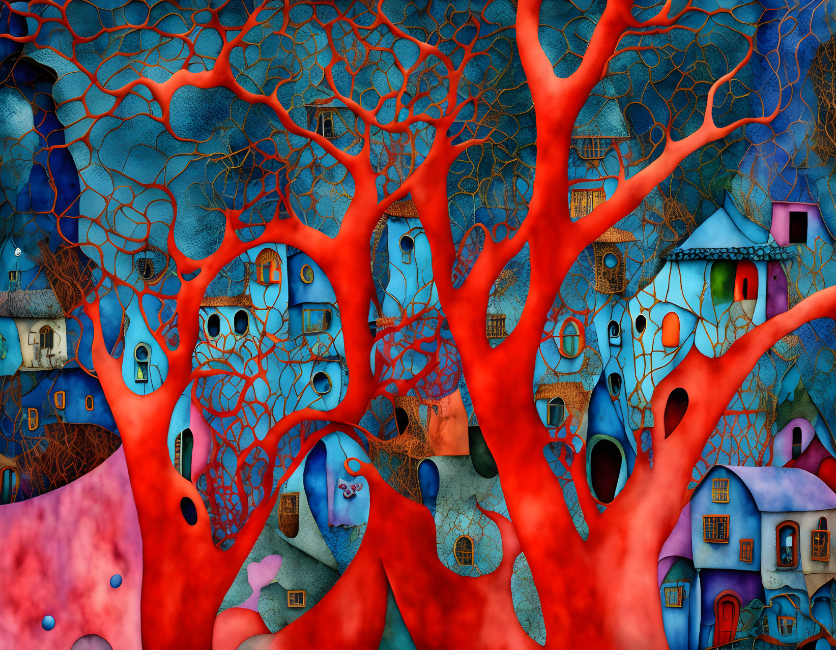 Surreal red trees and whimsical blue houses in vibrant landscape