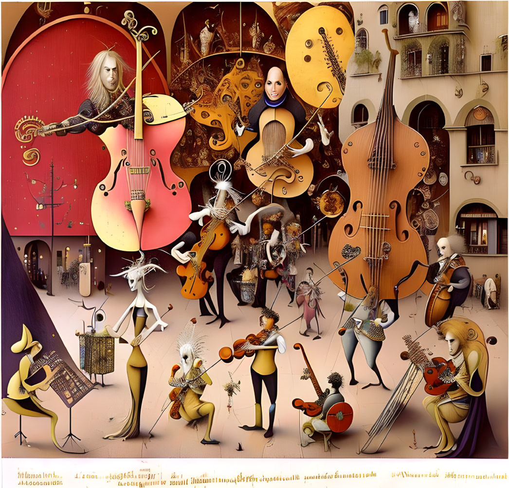 Whimsical cityscape with anthropomorphized instruments in surreal illustration